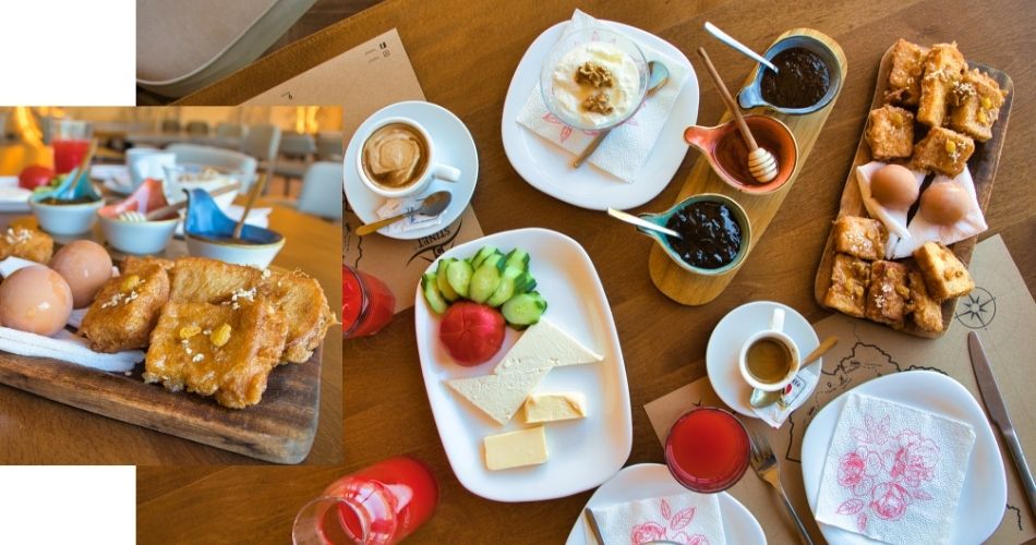 Traditional Albanian breakfast at Koman Lake Albanian Alps